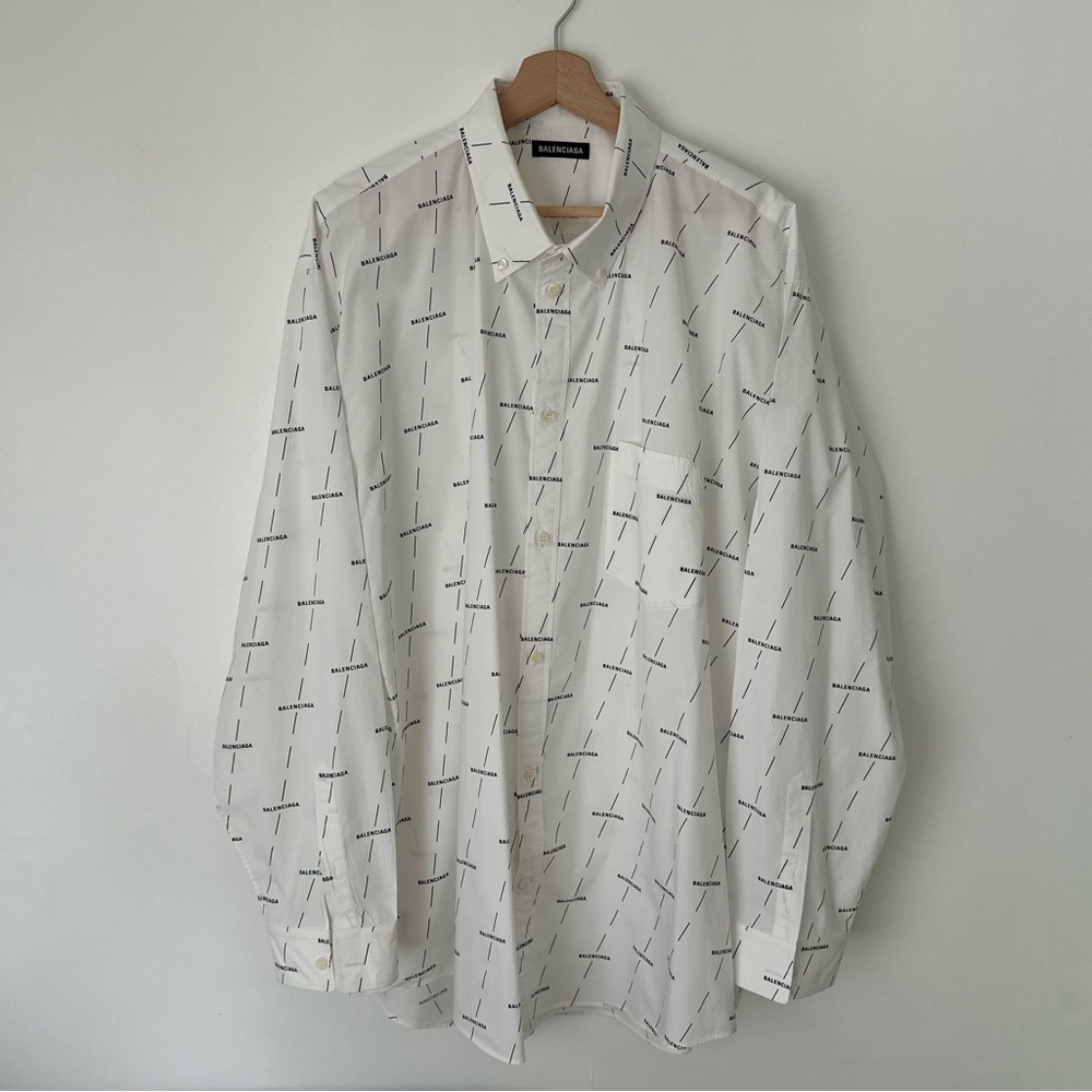 SOLD - Balenciaga All-Over Logo Print Button-Up Shirt – Size 44 (L)